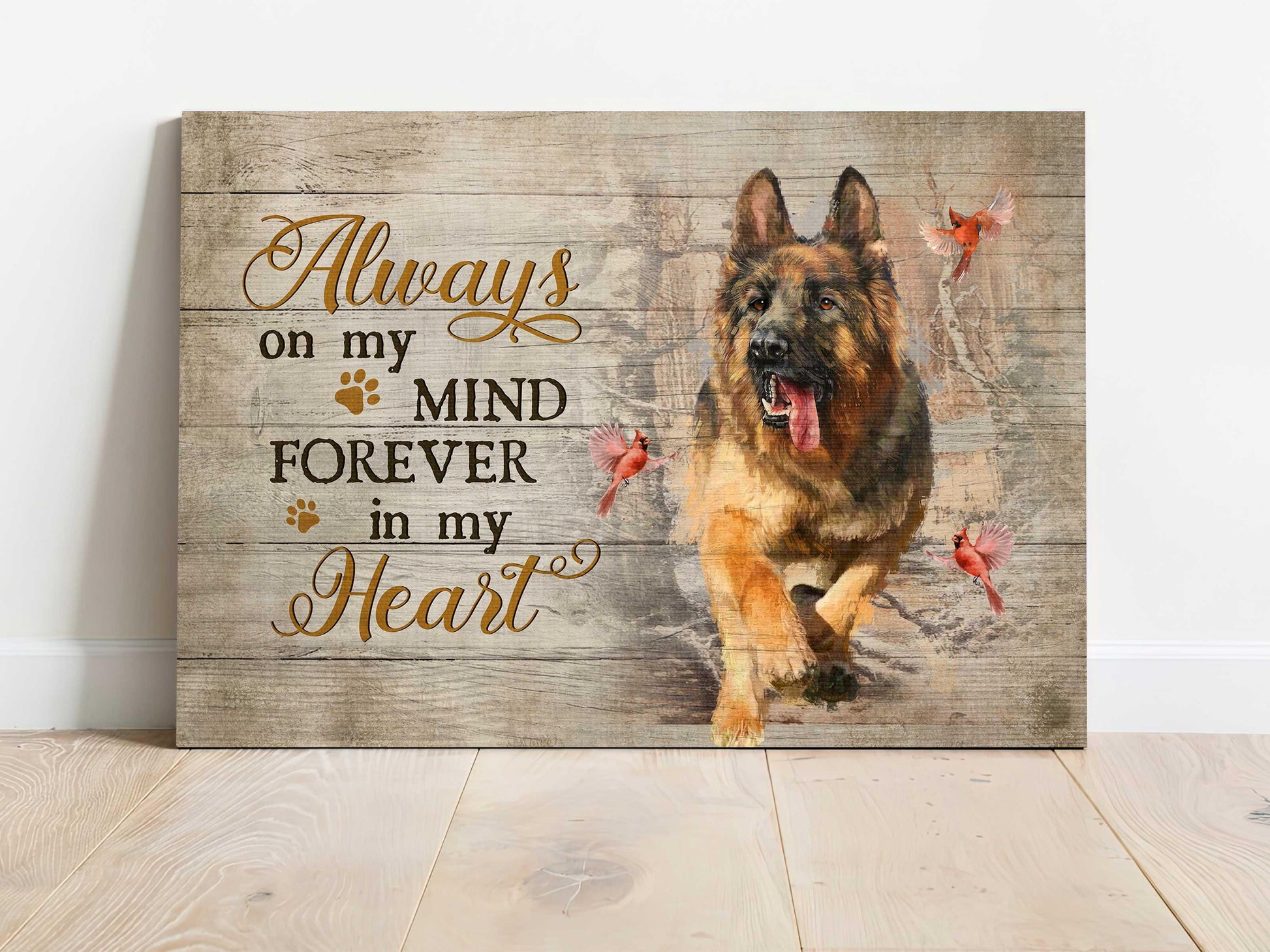 German Shepherd Memorial Landscape Canvas, Premium Wrapped Canvas Gift For German Shepherd Lovers - Always On My Mind, Cardinal and Winter Forest - Amzanimalsgift