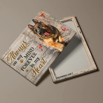 German Shepherd Memorial Landscape Canvas, Premium Wrapped Canvas Gift For German Shepherd Lovers - Always On My Mind, Cardinal and Winter Forest - Amzanimalsgift