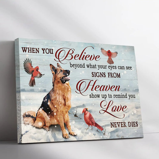 German Shepherd Memorial Landscape Canvas, Premium Wrapped Canvas Gift For German Shepherd Lovers, German Shepherd And Cardinals, Signs From Heaven - Amzanimalsgift