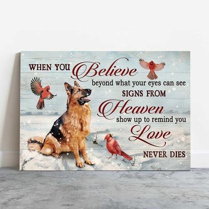 German Shepherd Memorial Landscape Canvas, Premium Wrapped Canvas Gift For German Shepherd Lovers, German Shepherd And Cardinals, Signs From Heaven - Amzanimalsgift