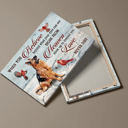 German Shepherd Memorial Landscape Canvas, Premium Wrapped Canvas Gift For German Shepherd Lovers, German Shepherd And Cardinals, Signs From Heaven - Amzanimalsgift