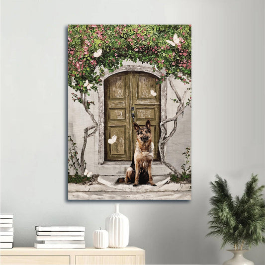 German Shepherd Portrait Canvas - German Shepherd Painting, Flower Garden, Spring Drawing, White Butterfly - Gift For German Shepherd Lovers - Amzanimalsgift