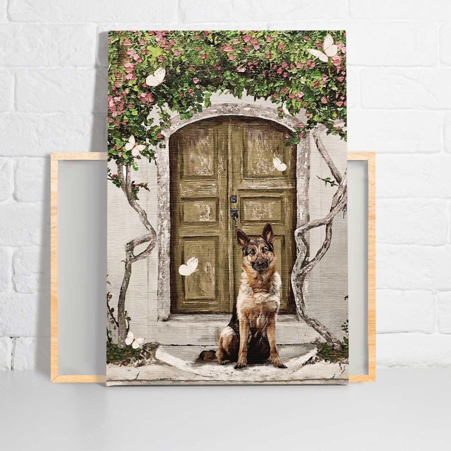 German Shepherd Portrait Canvas - German Shepherd Painting, Flower Garden, Spring Drawing, White Butterfly - Gift For German Shepherd Lovers - Amzanimalsgift