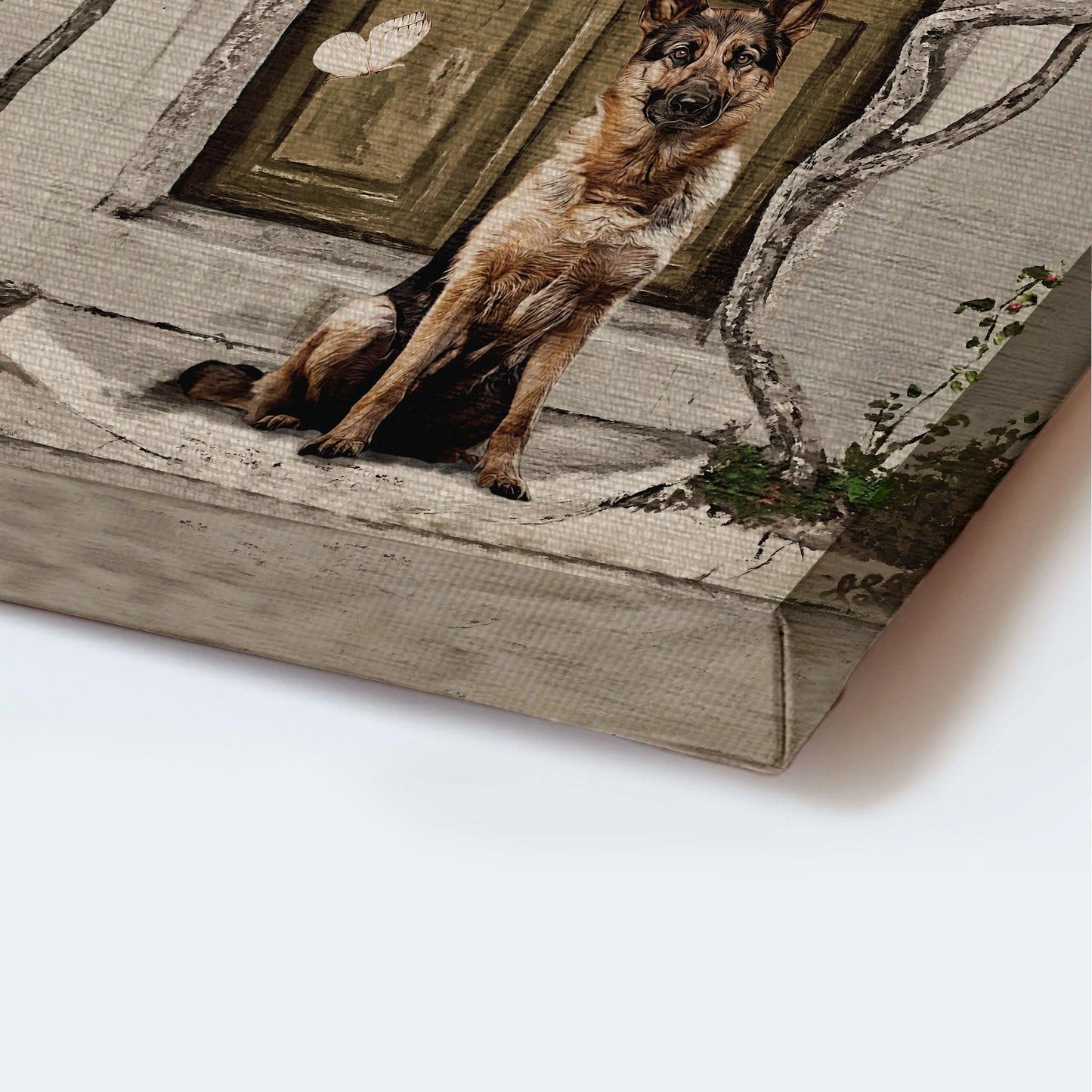 German Shepherd Portrait Canvas - German Shepherd Painting, Flower Garden, Spring Drawing, White Butterfly - Gift For German Shepherd Lovers - Amzanimalsgift