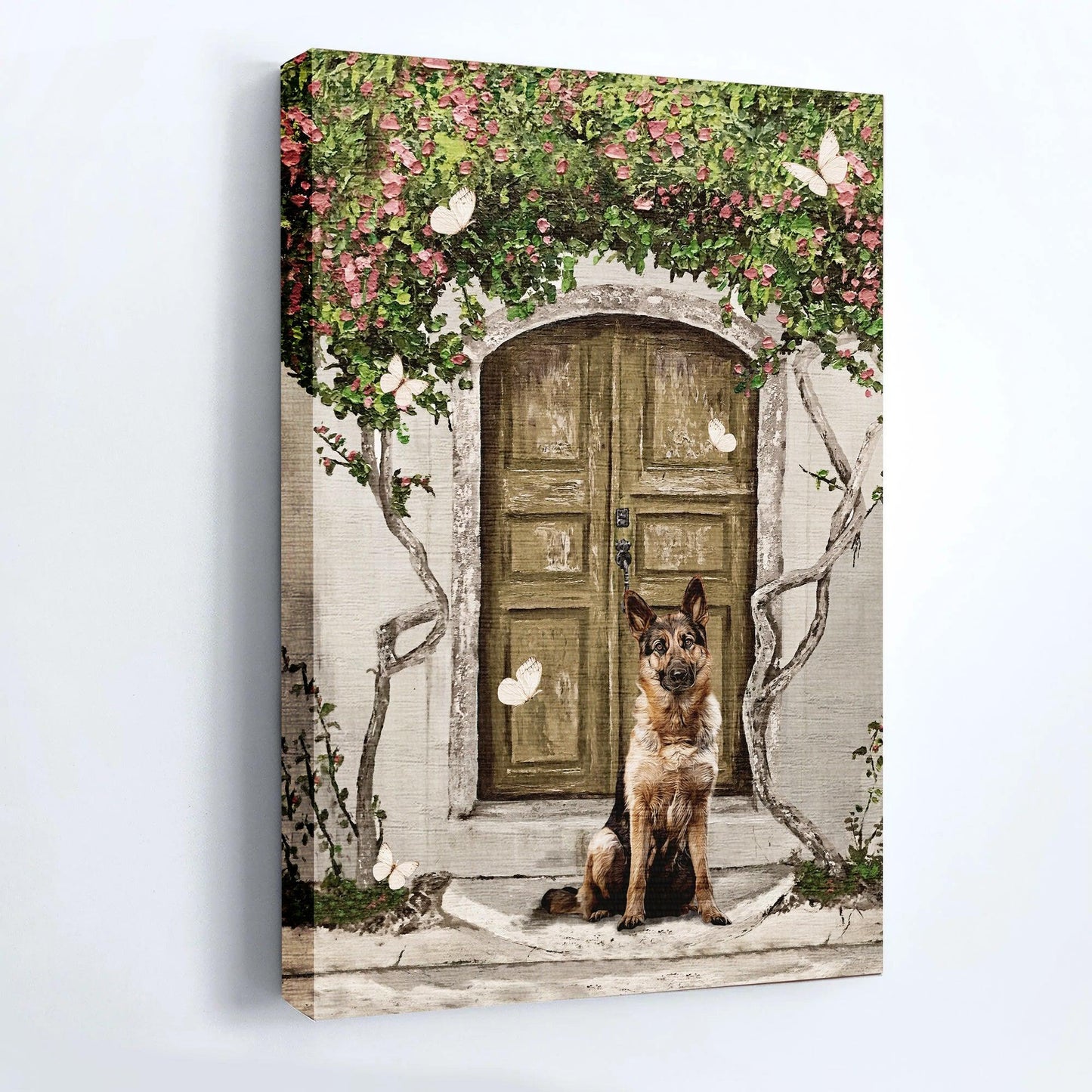 German Shepherd Portrait Canvas - German Shepherd Painting, Flower Garden, Spring Drawing, White Butterfly - Gift For German Shepherd Lovers - Amzanimalsgift