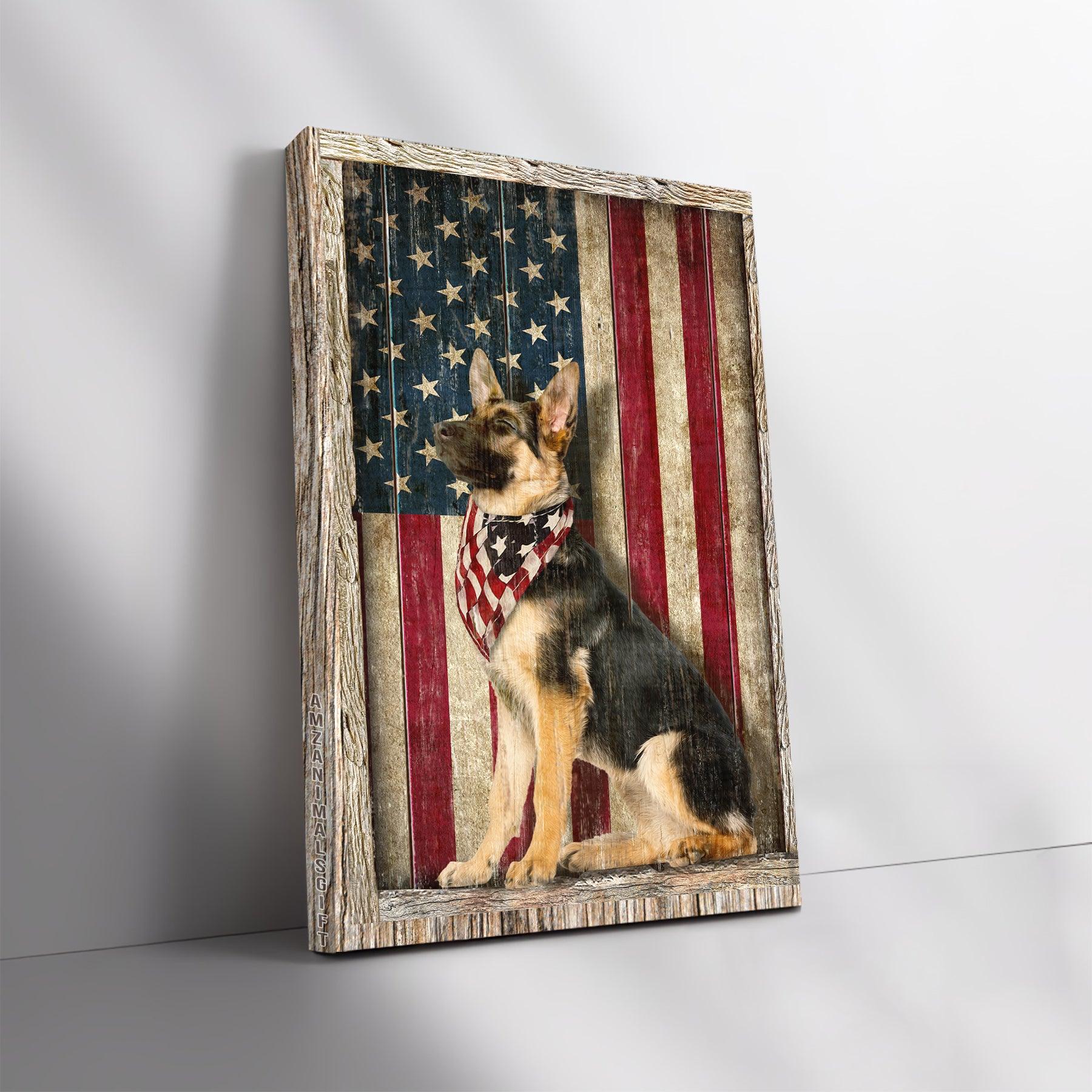 German Shepherd Portrait Premium Wrapped Canvas - German Shepherd Dog, American Flag canvas - Gift for German Shepherd lovers - Amzanimalsgift