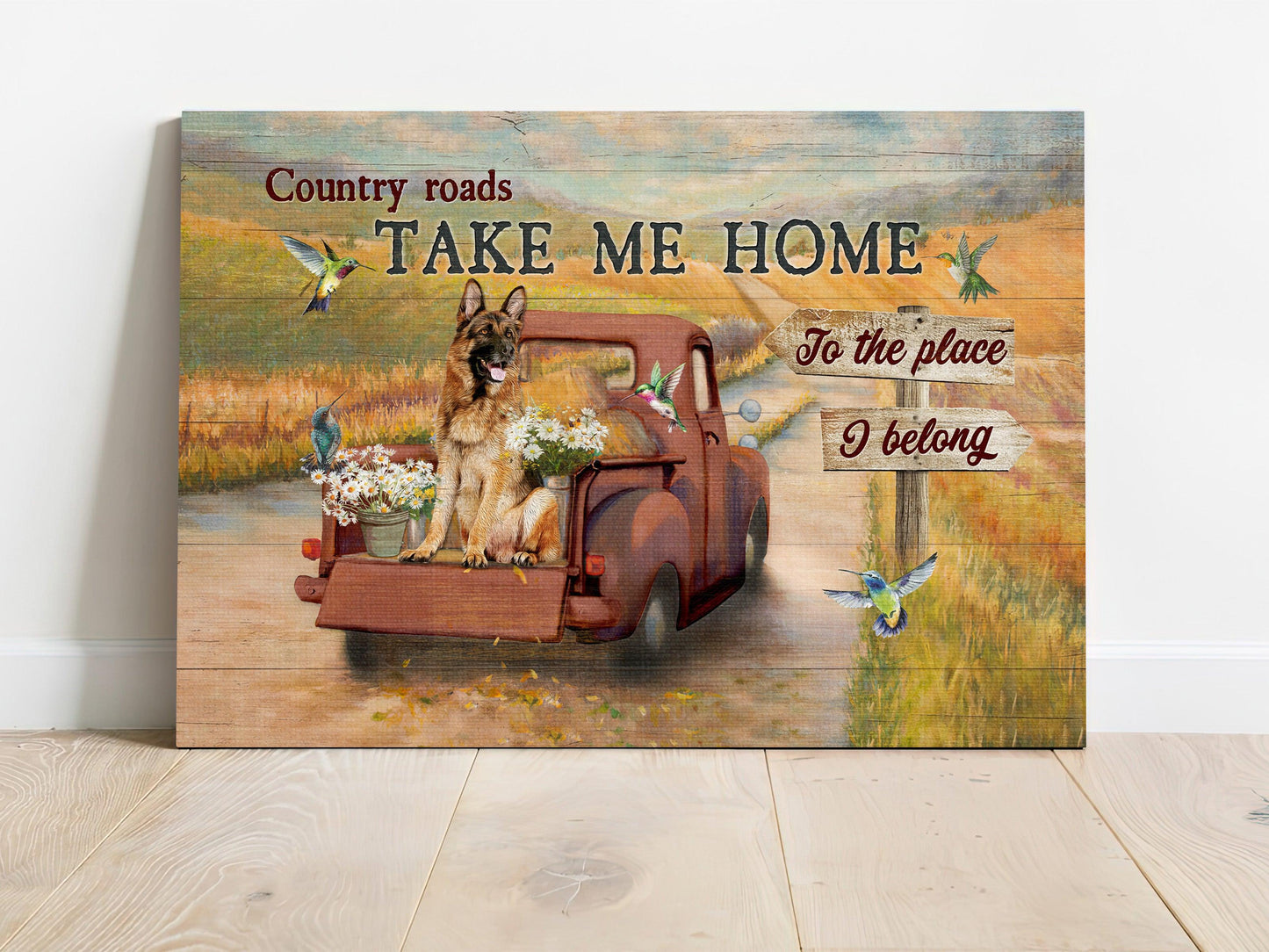 German Shepherd Premium Wrapped Landscape Canvas - Countryside, Dog Painting, Rice Field, Hummingbird, Country Roads - Gift For Dog Lovers - Amzanimalsgift