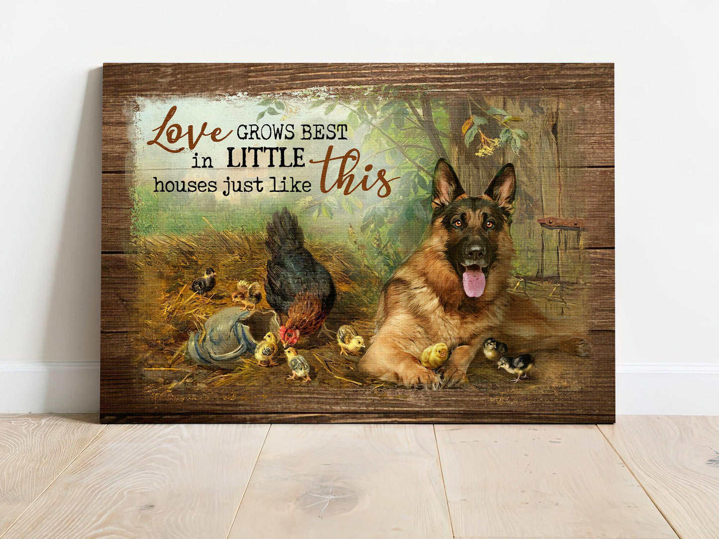 German Shepherd Premium Wrapped Landscape Canvas - German Shepherd, Chicken Farm, Love Grows Best In Little Houses - Gift For Dog Lovers, Farm Lovers - Amzanimalsgift
