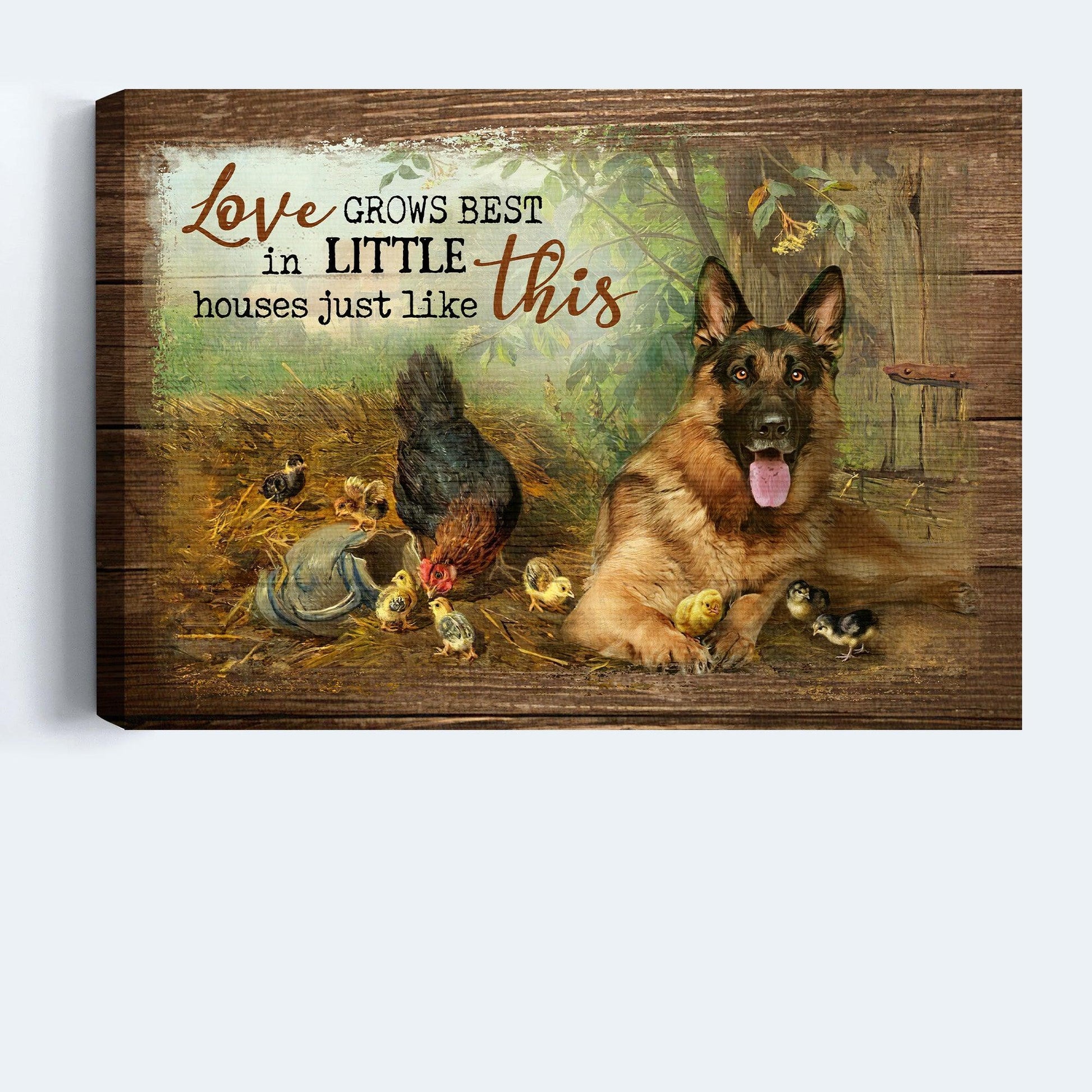 German Shepherd Premium Wrapped Landscape Canvas - German Shepherd, Chicken Farm, Love Grows Best In Little Houses - Gift For Dog Lovers, Farm Lovers - Amzanimalsgift