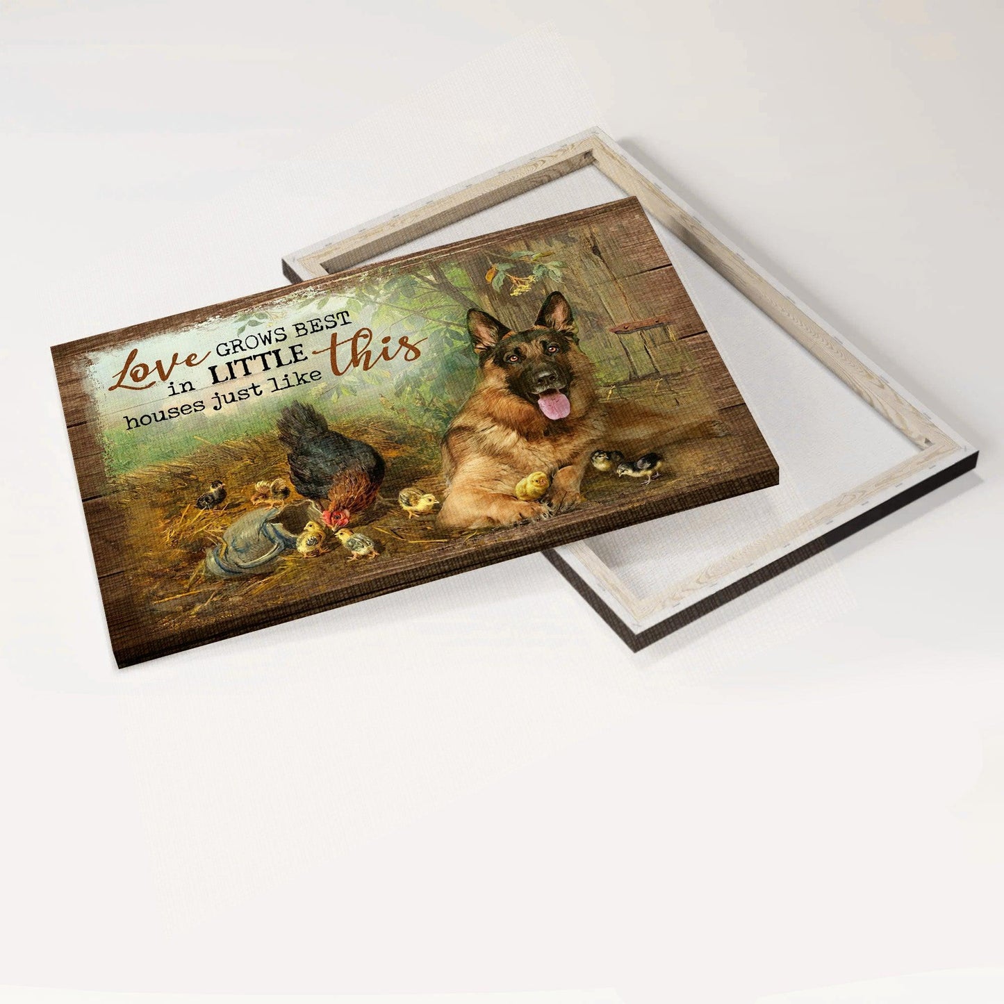 German Shepherd Premium Wrapped Landscape Canvas - German Shepherd, Chicken Farm, Love Grows Best In Little Houses - Gift For Dog Lovers, Farm Lovers - Amzanimalsgift