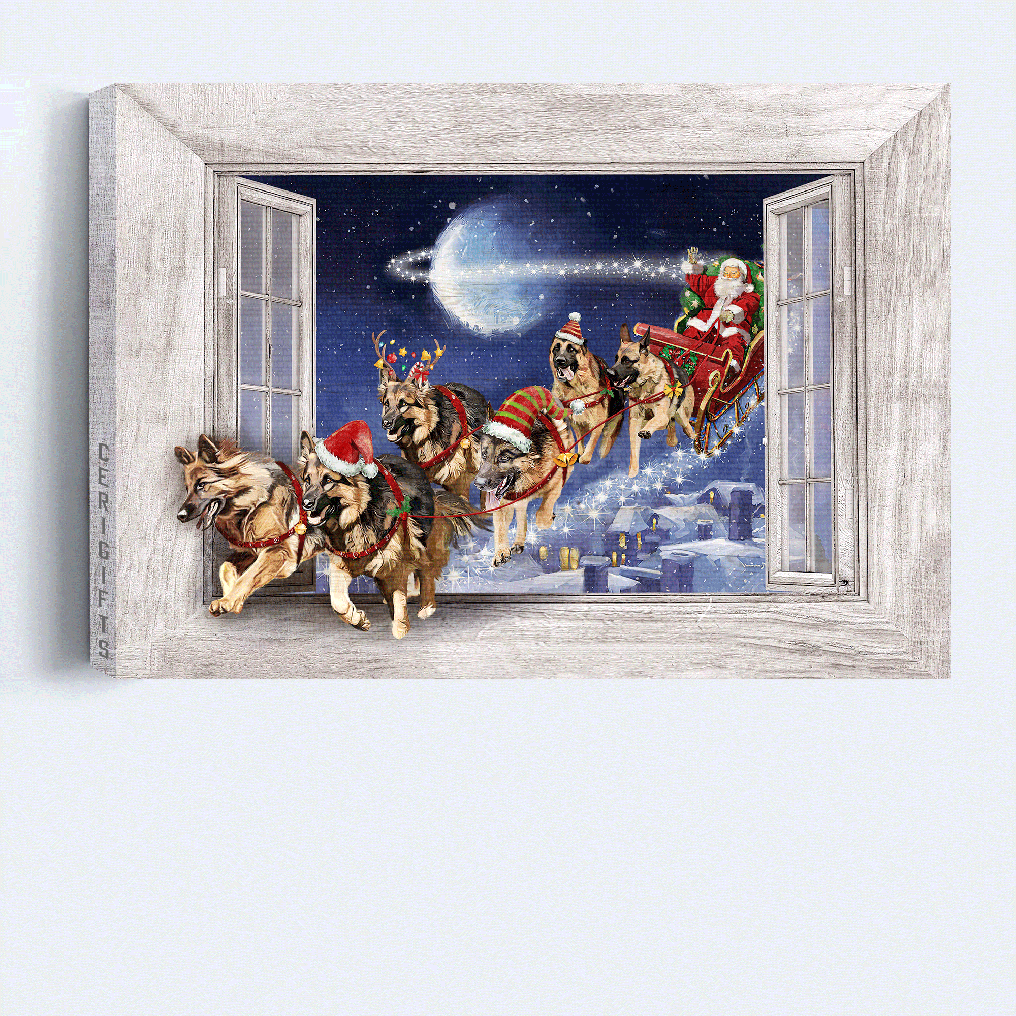 German Shepherd Premium Wrapped Landscape Canvas - German shepherd Drawing, Christmas Painting, Santa Claus - Gift For German Shepherd Lovers - Amzanimalsgift