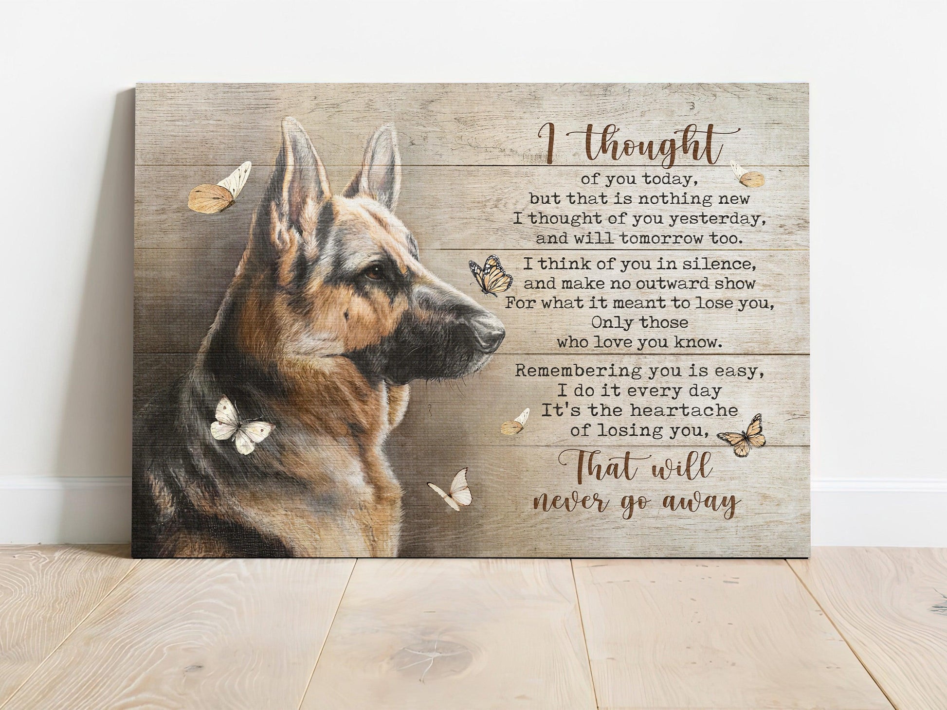 German Shepherd Premium Wrapped Landscape Canvas - German Shepherd, Orange Butterfly, That Will Never Go Away - Memorial For German Shepherd Lovers - Amzanimalsgift