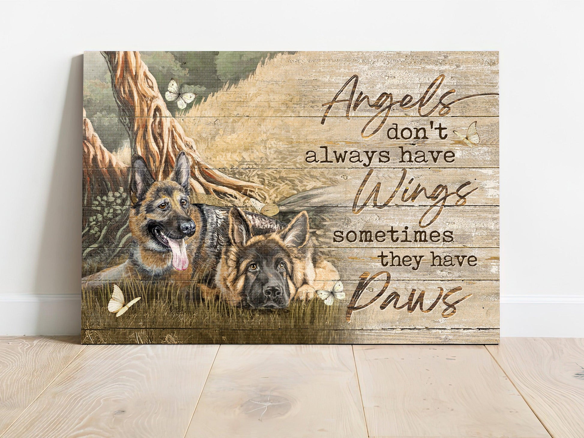 German Shepherd Premium Wrapped Landscape Canvas - German Shepherd, Under The Tree, Angels Don't Always Have Wings - Memorial Gifts For Dog Lovers - Amzanimalsgift