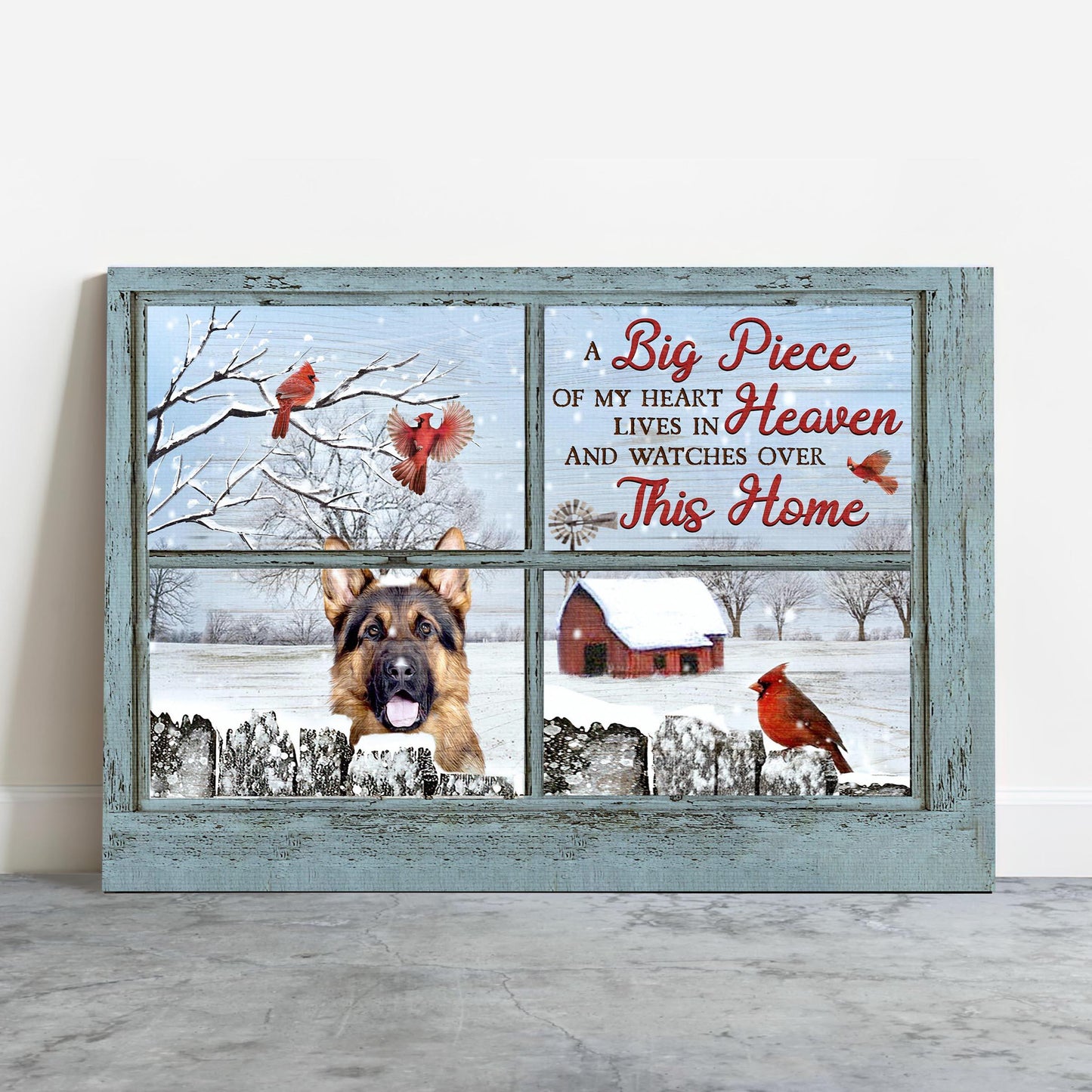 German Shepherd Premium Wrapped Landscape Canvas - German Shepherd, Winter Village, Cardinal, A Big Piece Of My Heart - Memorial Gift For Dog Lovers - Amzanimalsgift