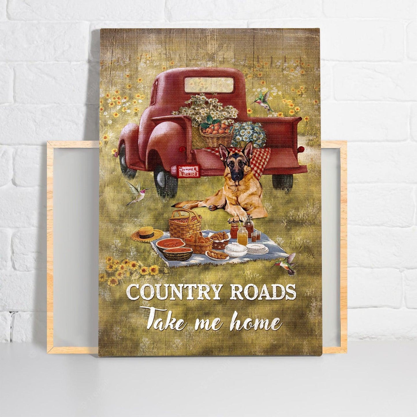 German Shepherd Premium Wrapped Portrait Canvas - Picnic Painting, Red Ladybug Car, Country Roads Take Me Home - Gift For German Shepherd Lovers - Amzanimalsgift