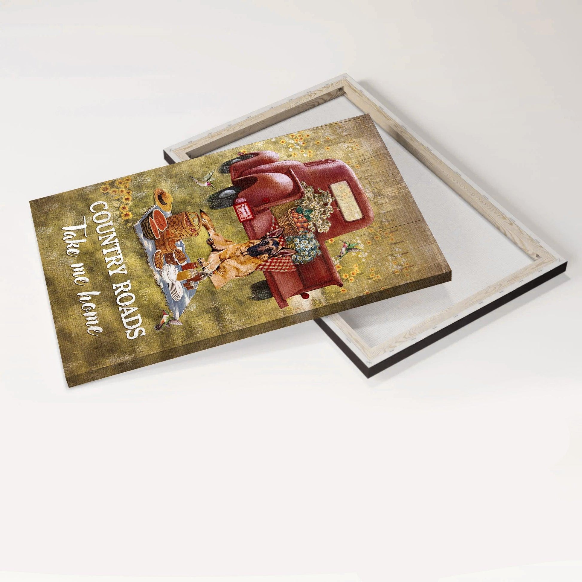 German Shepherd Premium Wrapped Portrait Canvas - Picnic Painting, Red Ladybug Car, Country Roads Take Me Home - Gift For German Shepherd Lovers - Amzanimalsgift