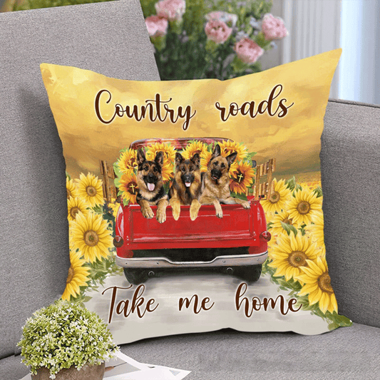 German Shepherd Throw Pillow - Sunflower Country Roads, Take Me Home Pillow - Perfect Gift For German Shepherd Lovers, Friend, Family - Amzanimalsgift