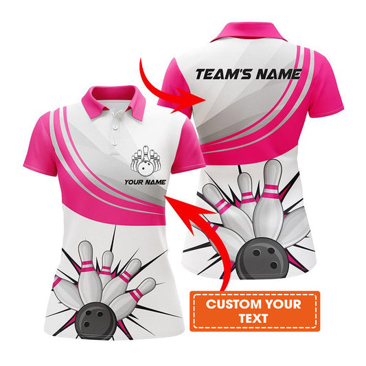 Bowling Custom Women Polo Shirt - Custom Name Pink Bowling Ball Pin Personalized Bowling Polo Shirt - Gift For Friend, Family, Bowling Lovers