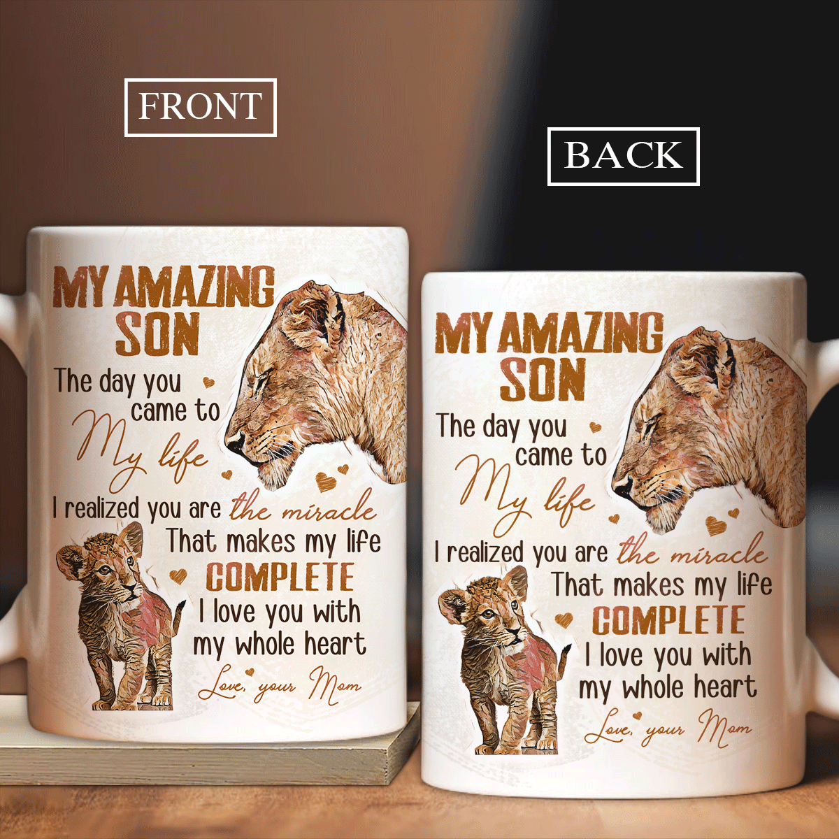 Gift for Son- Mom to son, Lion drawing, Animal painting, I love you with my whole heart - Family White Mug - Amzanimalsgift