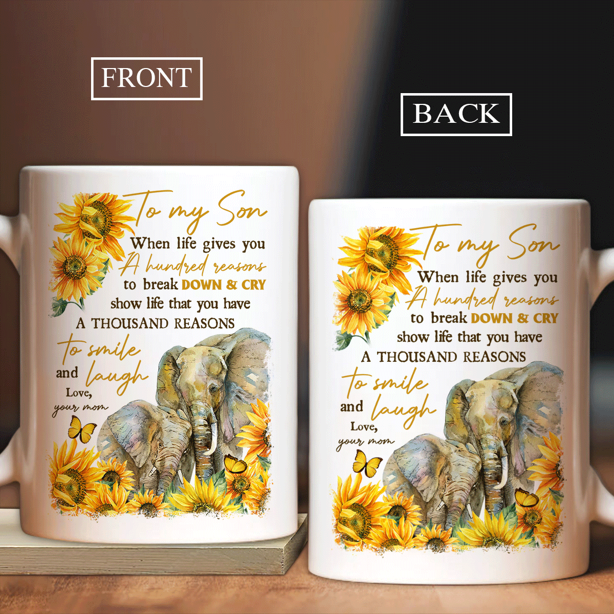 Gift for Son - Mom to son, Watercolor elephant, Sunflower painting, To my son mug- You have a thousand reasons to smile and laugh - Family White Mug - Amzanimalsgift