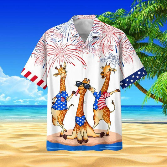 Giraffe Aloha Hawaiian Shirt - Giraffe Firework Hawaiian Shirt, US Flag Independence's Day Hawaiian Shirt For Men & Women, Giraffe Lover - Amzanimalsgift