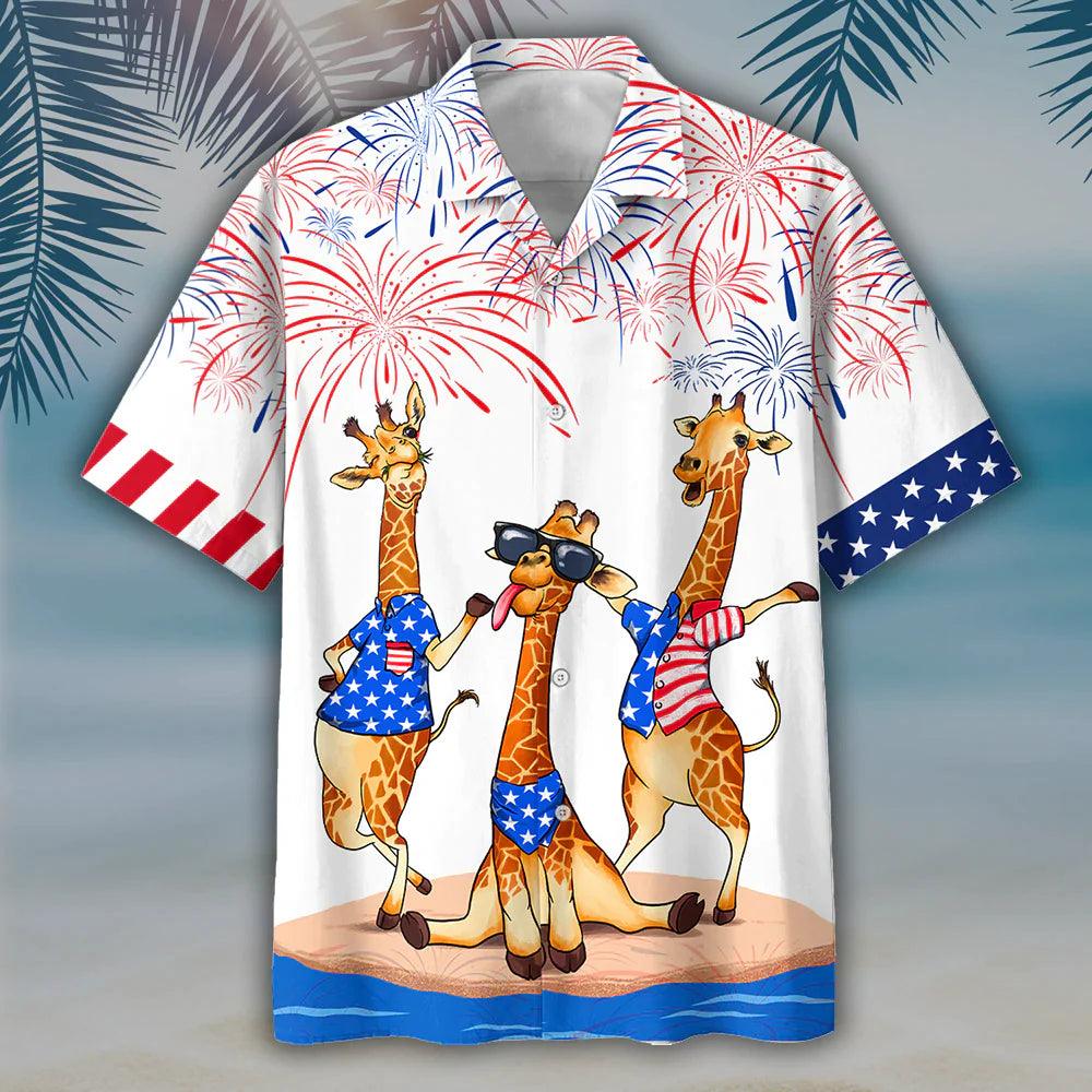 Giraffe Independence Day Aloha Hawaiian Shirts For Summer, Happy 4th Of July Patriotic Giraffe Hawaiian Shirt For Men Women, Gift For Giraffe Lovers - Amzanimalsgift