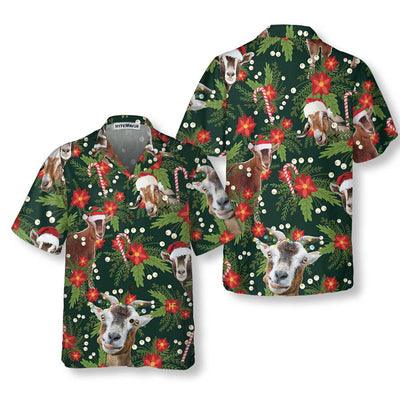 Goat Hawaiian Shirt, Christmas Goat With Poinsettia Flower Aloha Shirt For Men - Perfect Gift For Christmas, Men, Husband, Boyfriend, Friend, Family - Amzanimalsgift