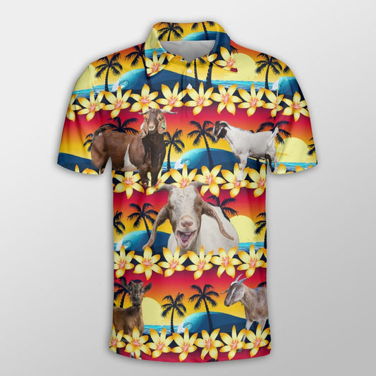 Goat Men Polo Shirts For Summer - Goat Beach Sunset Pattern Button Shirts For Men - Perfect Gift For Goat Lovers, Summer Lovers - Amzanimalsgift