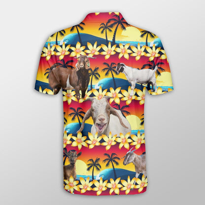 Goat Men Polo Shirts For Summer - Goat Beach Sunset Pattern Button Shirts For Men - Perfect Gift For Goat Lovers, Summer Lovers - Amzanimalsgift