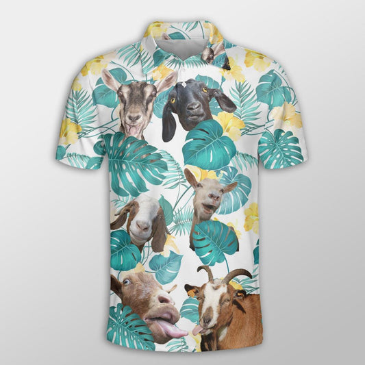 Goat Men Polo Shirts For Summer - Goat In Tropical Leaves Pattern Button Shirts For Men - Perfect Gift For Goat Lovers, Summer Lovers - Amzanimalsgift