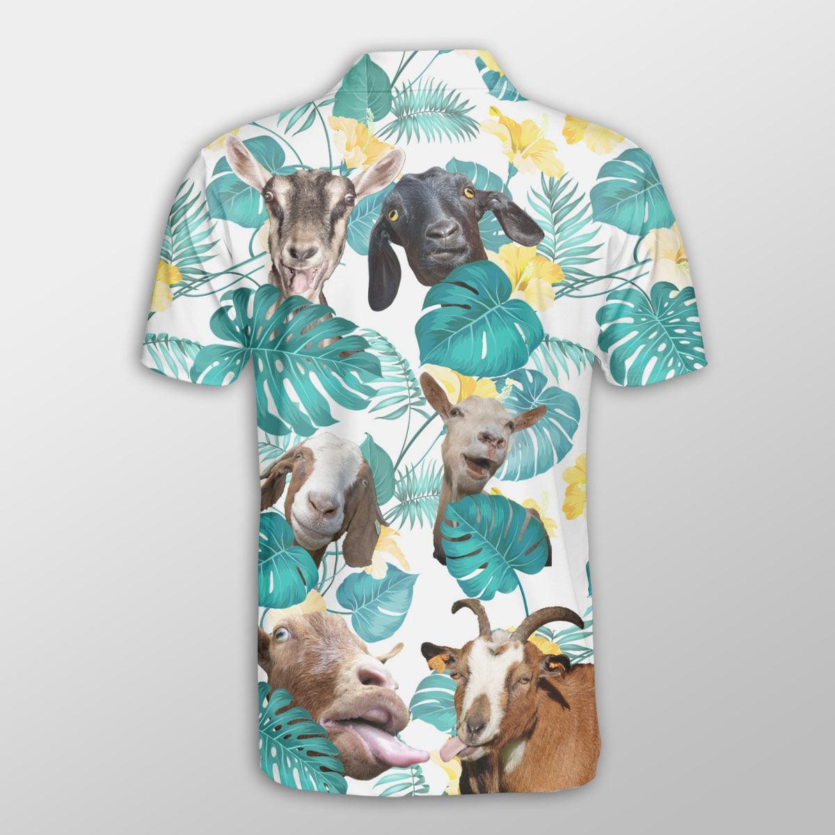 Goat Men Polo Shirts For Summer - Goat In Tropical Leaves Pattern Button Shirts For Men - Perfect Gift For Goat Lovers, Summer Lovers - Amzanimalsgift