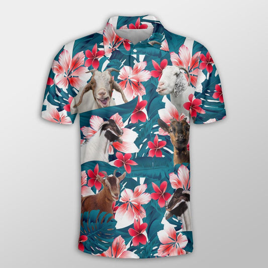 Goat Men Polo Shirts For Summer - Goat Tropical Floral Pattern Farm Lovers Button Shirts For Men - Perfect Gift For Goat Lovers, Summer Lovers - Amzanimalsgift