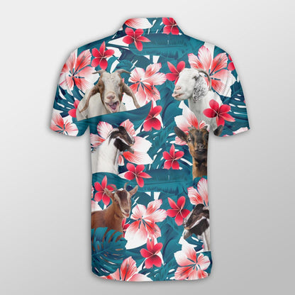 Goat Men Polo Shirts For Summer - Goat Tropical Floral Pattern Farm Lovers Button Shirts For Men - Perfect Gift For Goat Lovers, Summer Lovers - Amzanimalsgift
