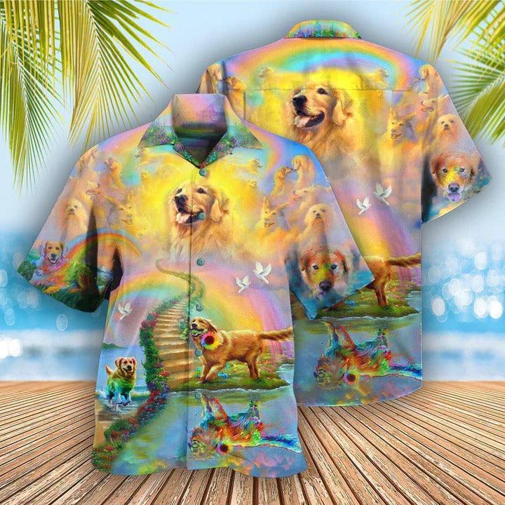 Golden Retriever Aloha Hawaii Shirt - Golden Retriever Gold At The End Of A Rainbow Hawaiian Shirt For Summer - Perfect Gift For Dog Lovers, Friend, Family - Amzanimalsgift