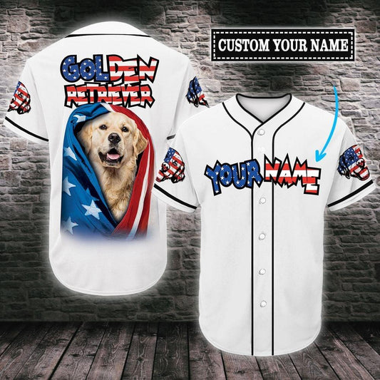 Golden Retriever Custom Name Baseball Jersey, Personalized American Flag Baseball Tee Jersey Shirt Men Women, Gift For Dog Lovers, Dad Mom Dog - Amzanimalsgift