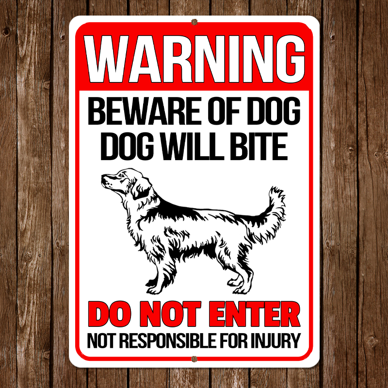 Golden Retriever Dog Metal Signs - Warning Beware of Dog Will Bite, Customized Dog Breed Metal Signs For House Decoration