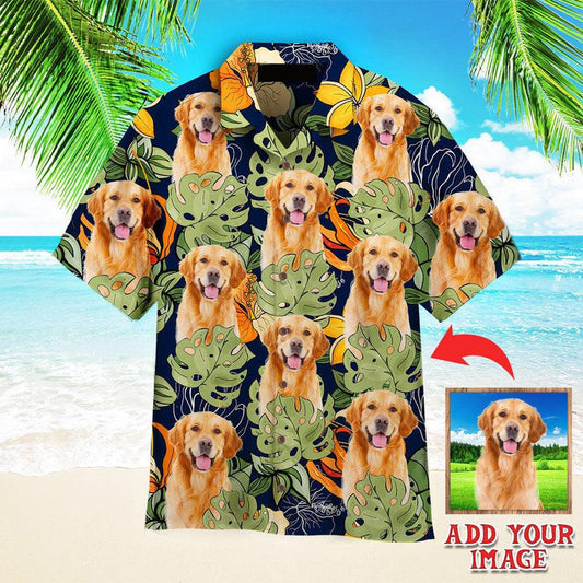 Golden Retriever Hawaiian Shirt Custom Photo, Dog With Vintage Tropical Leaves Personalized Hawaiian Shirt - Perfect Gift For Dog Lovers, Family, Friends - Amzanimalsgift
