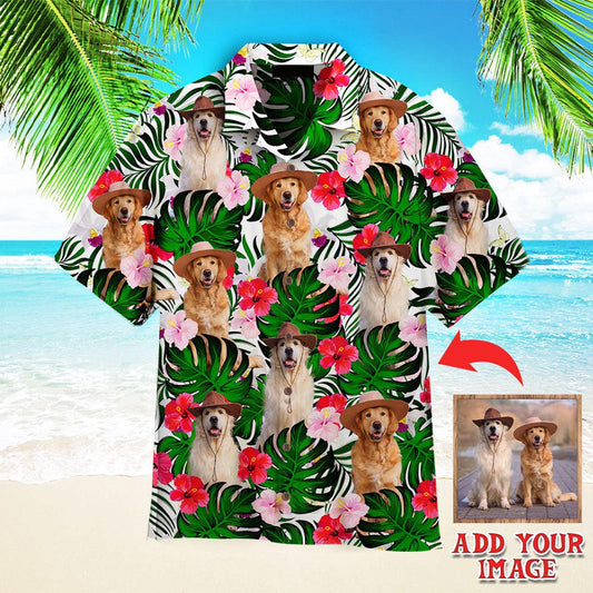 Golden Retriever Hawaiian Shirt Custom Photo, Golden Retriever Dog Sitting Palm Leaves Personalized Hawaiian Shirt - Gift For Dog Lovers, Family, Friends - Amzanimalsgift