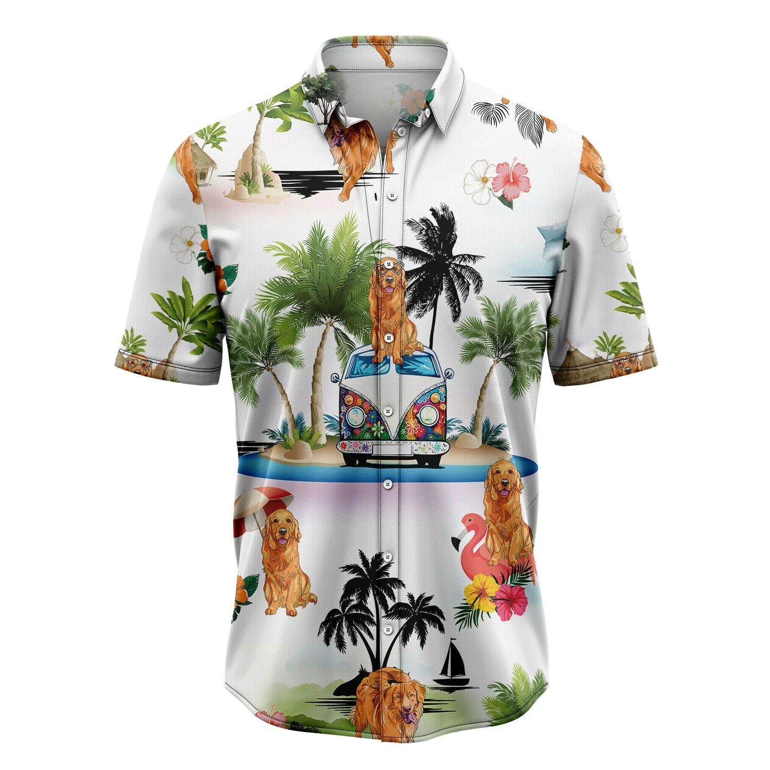 Golden Retriever Hawaiian Shirt, Dog Hippie Palm Vacation Aloha Shirt For Men Women - Perfect Gift For Dog Lovers, Husband, Boyfriend, Friend, Wife - Amzanimalsgift