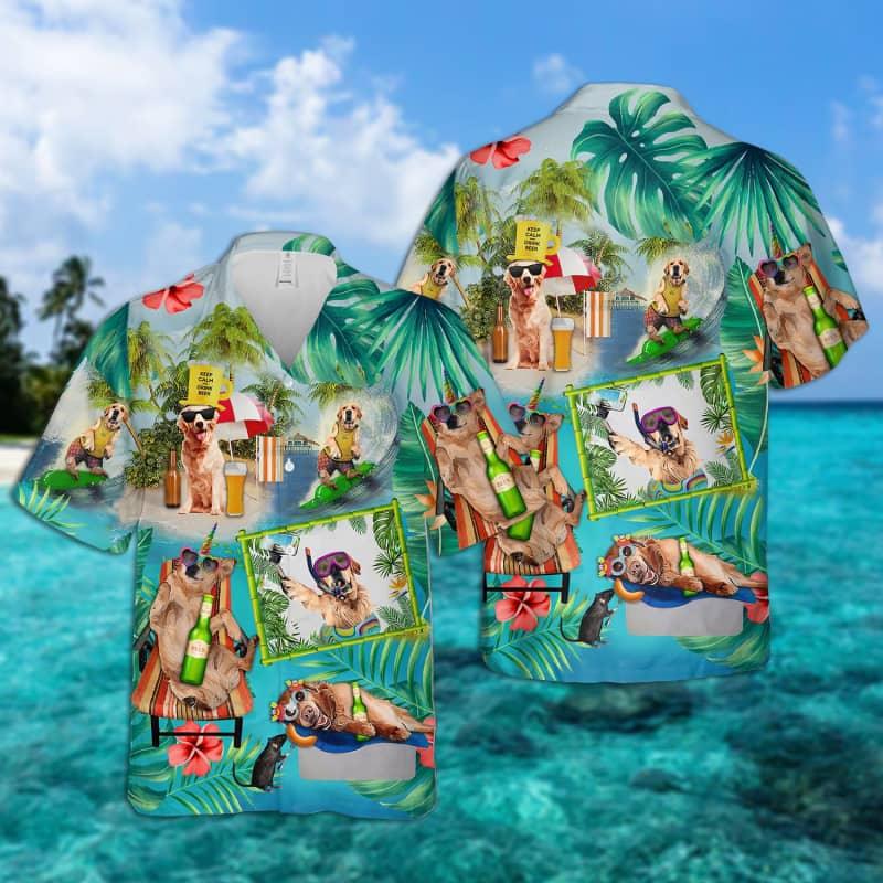Golden Retriever Hawaiian Shirt, Dog Surfing, Tropical Summer Aloha Shirt For Men - Perfect Gift For Golden Retriever Lovers, Friend, Family - Amzanimalsgift