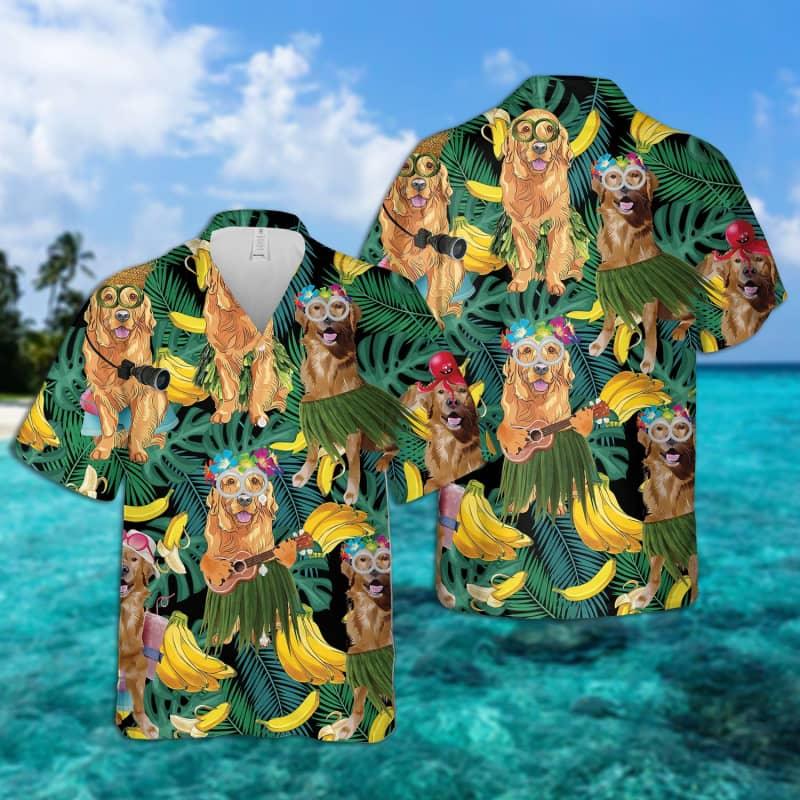 Golden Retriever Hawaiian Shirt, Tropical Summer Leaves Aloha Shirt For Men - Perfect Gift For Golden Retriever Lovers, Friend, Family - Amzanimalsgift