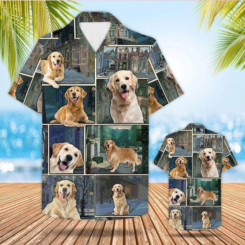 Golden Retrievers Aloha Hawaiian Shirt - Happy Golden Retrievers Hawaiian Shirt, Cartoon Urban Background Hawaiian Shirt For Men & Women, Dog Lover - Amzanimalsgift