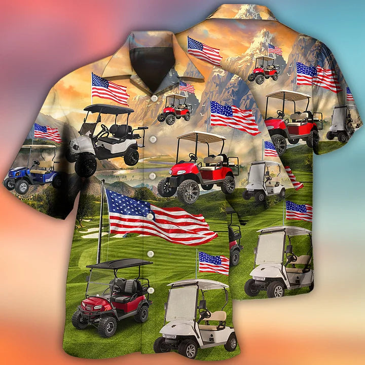 Golf Aloha Hawaiian Shirts For Summer, Golf Club Car USA Flag Independence Day Hawaiian Shirts For Men Women, 4th Of July Gift For Golf Lovers, Golfer - Amzanimalsgift