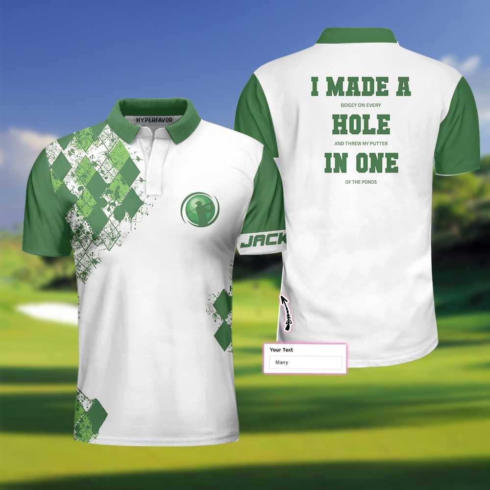 Golf Custom Men Polo Shirt, I Made A Hole In One Custom Polo Shirt, White And Green Argyle Pattern Polo Shirt - Perfect Gift For Men, Golfers - Amzanimalsgift