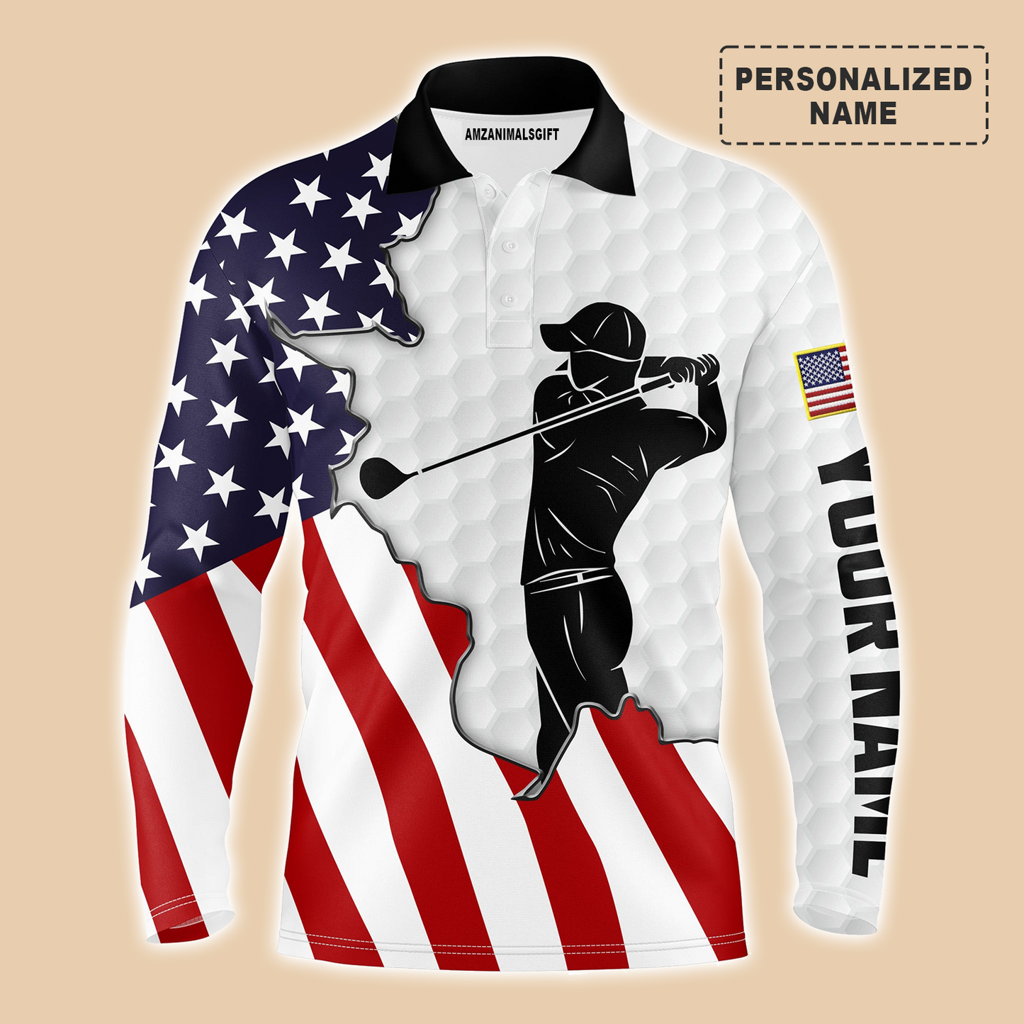 Golf Personalized Name Long Sleeve Polo Shirt, American Flag Patriotic Swing Apparel, Perfect Outfit For Golf Lover, Team, Golfer, 4th July