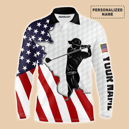 Golf Personalized Name Long Sleeve Polo Shirt, American Flag Patriotic Swing Apparel, Perfect Outfit For Golf Lover, Team, Golfer, 4th July