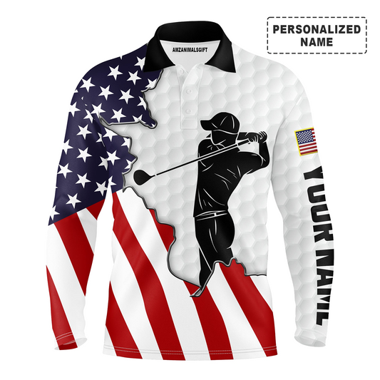 Golf Personalized Name Long Sleeve Polo Shirt, American Flag Patriotic Swing Apparel, Perfect Outfit For Golf Lover, Team, Golfer, 4th July