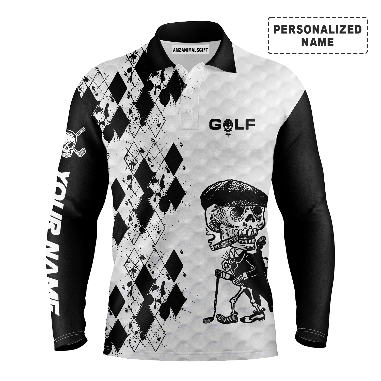 Golf Custom Name Long Sleeve Polo Shirt Black & White Argyle Pattern Skull Smoking Apparel, Best Gift And Outfit For Golf Lover, Team, Golfer