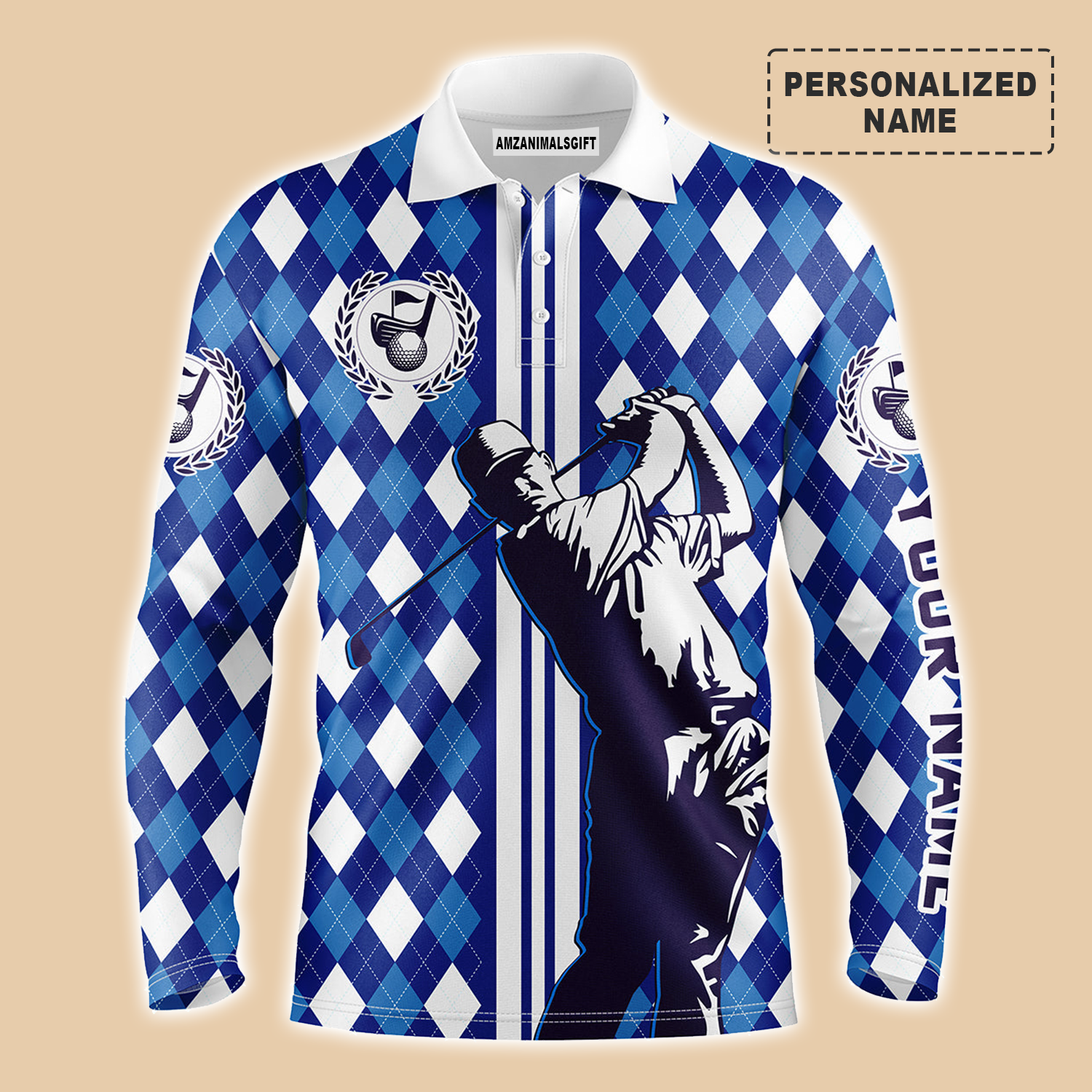 Personalized Name Golf Long sleeve Polo Shirts, Blue Argyle Pattern Men Golfing Apparel, Perfect Gift And Outfit For Golf Lovers, Team, Golfer