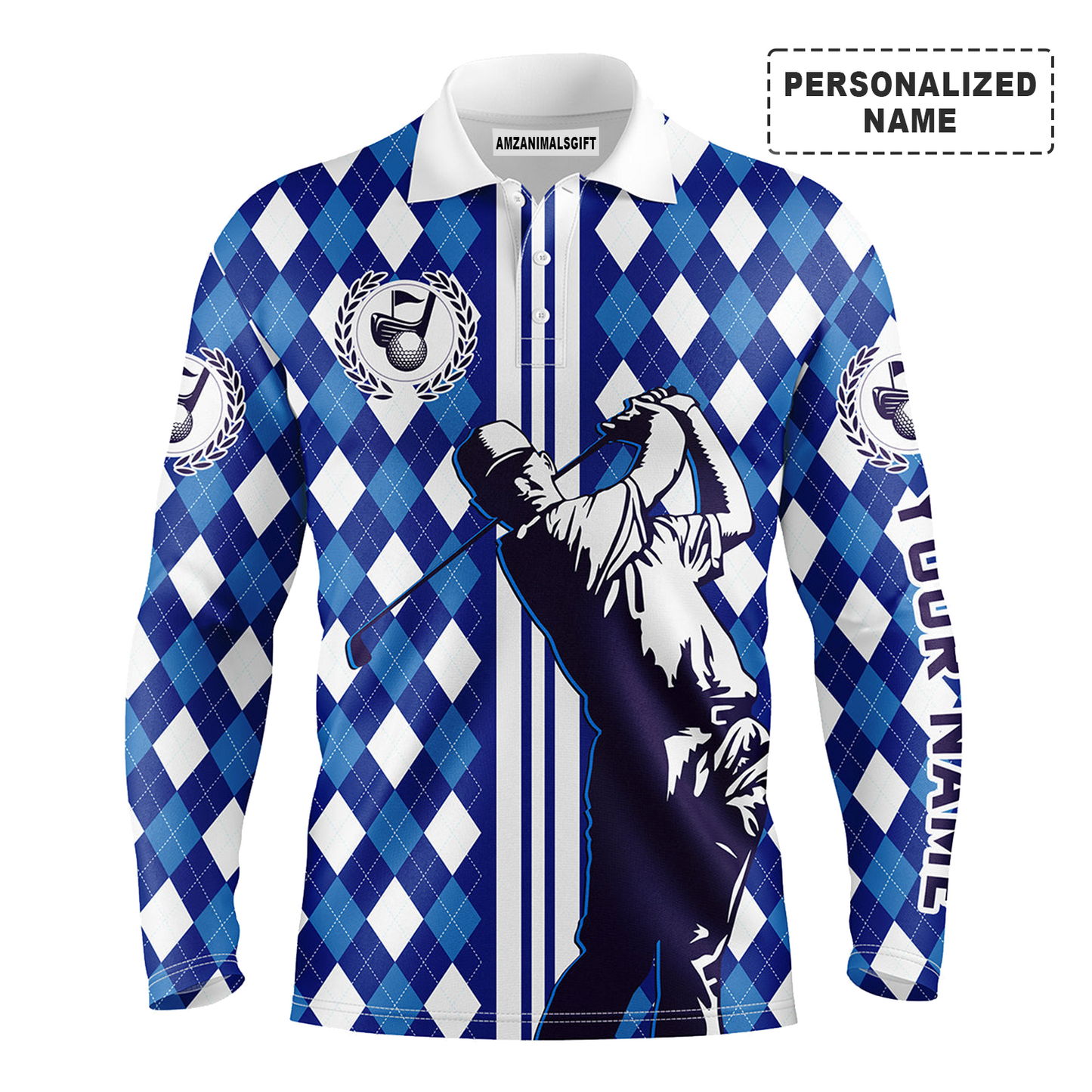 Personalized Name Golf Long sleeve Polo Shirts, Blue Argyle Pattern Men Golfing Apparel, Perfect Gift And Outfit For Golf Lovers, Team, Golfer